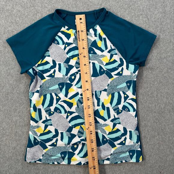 Lands' End Boys Short Sleeve Rash Guard Medium 8 Fish Graphic Teal Swim Summer - Picture 3 of 5